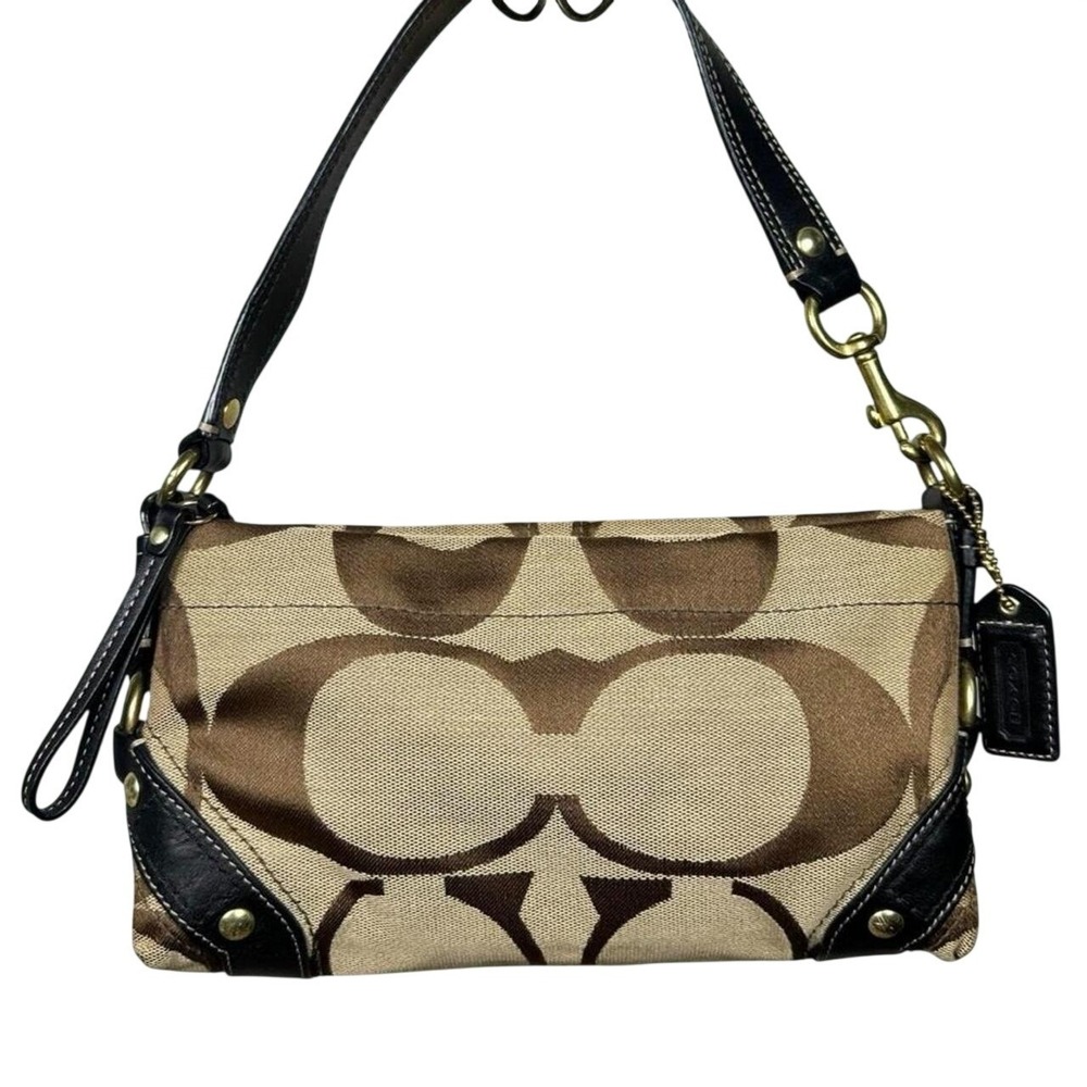 Y2K Coach Signature 10730 Mini Carly Shoulder Bag Beige Black Leather
